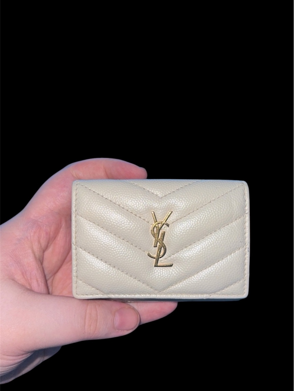 YVES Saint Laurent Cream Quilted Leather Small Compact Wallet with Gold YSL Logo